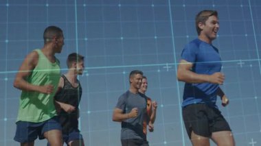 Açık havada koşmak, dijital şebekeye sahip insanlar animasyon veri analizini öneriyor. Teknoloji, fitness, analitik, sanal, egzersiz, yenilik