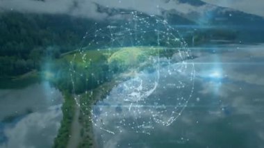 Manzaralı nehir manzarası üzerinde dijital ağ ve veri işleme animasyonu. Teknoloji, ağ oluşturma, fütüristik, bağlantı, analitik, yenilik