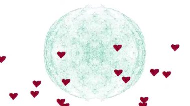 Beyaz arka planda geometrik küre üzerinde hareket eden kırmızı kalpler. Romantik, aşk, soyut, dijital, dekorasyon, tasarım