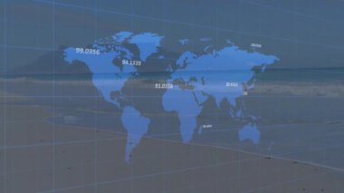 Okyanus manzarasını okuldaki sayısal verilerle kaplayan dünya haritasının animasyonu. Küresel, coğrafya, eğitim, veri görselleştirme, okyanus bilimi, istatistik