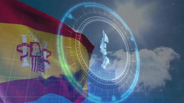 Teknoloji arayüzü ile dünyanın dijital animasyonunun üzerinde İspanyol bayrağı sallıyor. yenilik, küresel, ağ, bağlantı, geleceksel, siber uzay