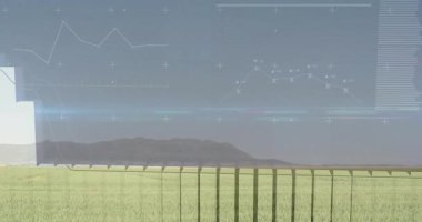 Yeşil alan ve dağlar üzerinde grafik ve veri işleme animasyonu. Analizler, teknoloji, doğa, çevre, büyüme, yenilik