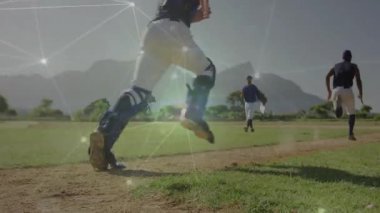 Ağ bağlantılarıyla sahada koşan beyzbol oyuncuları animasyon üstüste biner. atletler, teknoloji, bağlantı, yenilik, takım çalışması, hareket