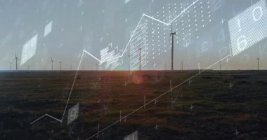 Olay yerini kaplayan veri işleme animasyonlu rüzgar türbinleri. Yenilenebilir enerji, sürdürülebilirlik, teknoloji, yenilik, rüzgar gücü