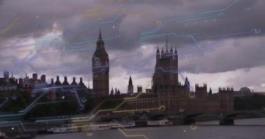 Dijital ağ animasyonu ile Büyük Ben ve Parlamento Evleri. Londra, mimari, teknoloji, bağlantı, yenilik, turizm