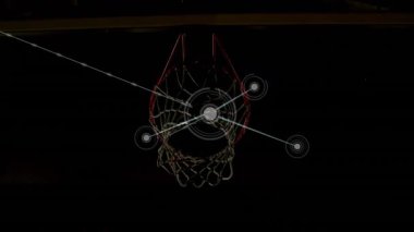 Spor salonundaki basketbol potasının animasyonunu kaplayan dijital ağ bağlantıları. Teknoloji, bağlantı, ağ, siber, spor, spor, spor