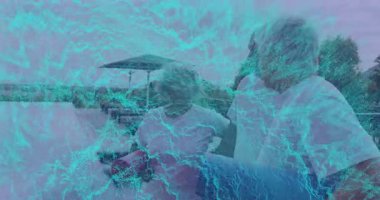 Saksafon çalan, arka planda mavi elektrik dalgası animasyonu olan bir adam. Müzik, performans, caz, müzisyen, eğlence, sahne