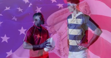 Amerikan bayraklı ragbi topu, animasyonda spor aletleri olan sporcular. rekabet, vatanseverlik, oyun, takım çalışması, çeşitlilik