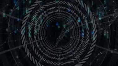 Dijital girdap içinde ikili kodlu ve geometrik şekilli spiral desenlerin animasyonu. Teknoloji, soyut, fütüristik, siber uzay, girdap, kodlar