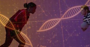 Arka planda DNA ipliği ve bilimsel verilere sahip ragbi oyuncularının animasyonu. Spor, genetik, bilim, teknoloji, yenilik, analiz
