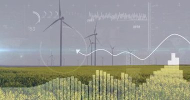 Veri grafikleri ve grafikleri olan rüzgar türbinleri animasyonu örtüyor. Yenilenebilir enerji, sürdürülebilirlik, teknoloji, çevre, yenilik