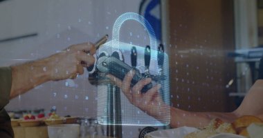 Ödeme terminalini kullanan insanların ağ güvenliğinin resmi. küresel iletişim ve veri güvenliği konsepti dijital olarak oluşturulmuş görüntü.