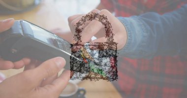 Ödeme terminalini kullanan insanların ağ güvenliğinin resmi. küresel iletişim ve veri güvenliği konsepti dijital olarak oluşturulmuş görüntü.