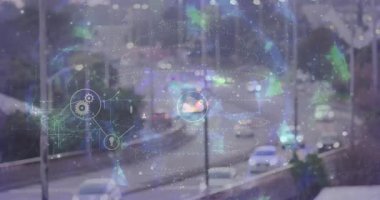 Meşgul şehir trafiği üzerinde bağlantılar ve veri işleme animasyonu ağı. Teknoloji, bağlantı, dijital, iletişim