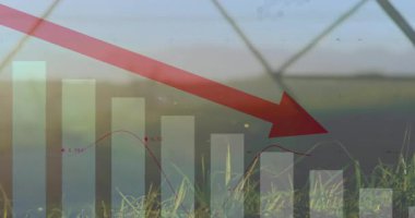 Doğa arka planında, kırmızı ok çizgi grafiğine işaret ediyor, düşüş gösteriyor. Maliye, ekonomi, düşüş, düşüş, durgunluk, kayıp