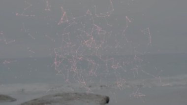 Okyanus dalgaları ve kayalık kıyı üzerindeki pembe bağlantı ağı. Teknoloji, dijital, veri, fütüristik, manzara, yenilik