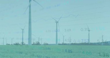 Yeşil alanda rüzgar türbinleri ve finansal veri işleme animasyon örtüsü. Sürdürülebilirlik, yenilenebilirlik, enerji, teknoloji, finans, çevre