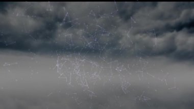 Bulutlu arkaplanda parlayan çizgilerin ve düğümlerin animasyonu. Teknoloji, dijital, ağ, fütürist, soyut, veri