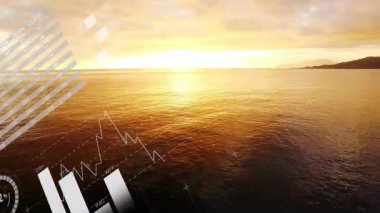 Okyanus günbatımı sahnesinde dünya haritası ve pasta çizelgesi. veri görselleştirme, bilgi grafiği, küresel, analiz, istatistik