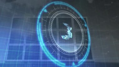 Dijital animasyon arayüzünde ızgara arka planına sahip mavi holografik elementler dönüyor. Teknoloji, gelecek, hologram, sanal, yenilik, elektronik