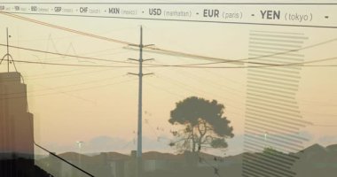 Elektrik hatları ve finansal veri animasyonlarıyla gün batımında şehir manzarası. Kentsel, siluet, teknoloji, finans, fütüristik, enerji