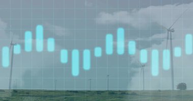Rüzgâr türbinleri ve bulutlu gökyüzü üzerinde mavi çizgi animasyonu. Sürdürülebilirlik, çevre, temiz enerji, yenilenebilir kaynaklar, veri görselleştirme, iklim
