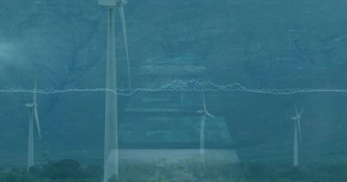 Rüzgâr türbinleri enerji üreterek arazinin üzerinde veri işleme animasyonunu gerçekleştirir. Yenilenebilir, sürdürülebilirlik, elektrik, teknoloji, çevre, yenilik