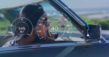 Üstü açık arabaya ruj sürüyorum. Hız göstergesi ve vücut ısısı ayarlı bir kadın. Kozmetik, lüks, otomotiv, dijital kaplama, güzellik, teknoloji