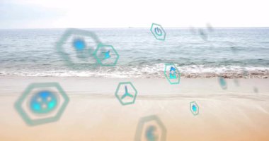 Plaj dalgaları üzerinde çevresel sembolleri olan altıgen simgelerin animasyonu. Sürdürülebilirlik, ekosistem, koruma, doğa, ekoloji, okyanus