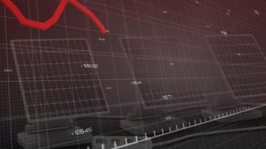 Okul ortamında bilgisayar klavyesinde dalgalanan kırmızı çizgi grafiğinin animasyonu. Maliye, analitik, veri, teknoloji, eğitim, eğilim