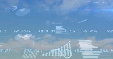 Finansal veriler ve istatistiksel animasyon mavi gökyüzü üzerinde bulutlu arka plan. Finans, veri görselleştirme, dijital, ekonomi, analiz, teknoloji