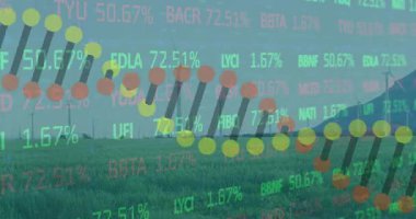 Borsa veri animasyonu, rüzgar türbinleriyle yeşil alan üzerinde. Yenilenebilir, sürdürülebilirlik, çevre, finans, yatırım, teknoloji