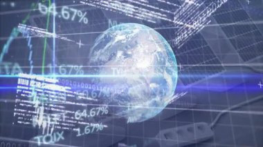 Dünya, dijital animasyondaki finansal veriler ve borsa grafikleriyle çevrili. Maliye, ekonomi, yatırım, analitik, ticaret, teknoloji