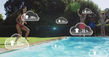 Havuza atlamak, bulut simgeleri ve yüzdelik veri animasyonu olan insanlar. Teknoloji, dijital, yenilik, bağlantı, yüzme, yaz