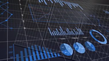 Okulda veri analizini gösteren finansal grafiklerin ve pasta grafiklerinin animasyonu. analitik, veri görselleştirme, finans, eğitim, istatistik, büyüme