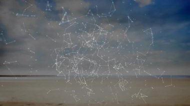 Bağlantılar ağı ve kıyı manzarası üzerinde veri işleme animasyonu. Teknoloji, dijital, bağlantı, kıyı şeridi, fütüristik, iletişim