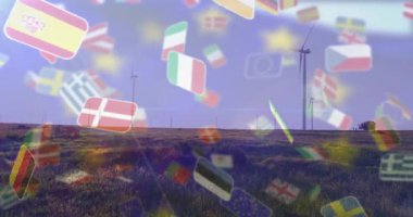 Rüzgâr türbinleri, dalgalı Avrupa bayraklarıyla birlikte hareket halindedir. Yenilenebilir, enerji, sürdürülebilir, güç, çevre, teknoloji