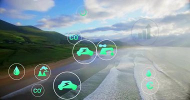 Çevresel ikonlar ve veri animasyonu dalgalı manzaralı kıyı manzarası üzerinde. Sürdürülebilirlik, doğa, koruma, ekoloji, okyanus, dijital