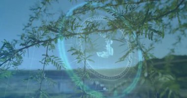 Doğal manzara ortamında ağaç dallarını kaplayan dijital arayüz animasyonu. Teknoloji, doğa, bütünleşme, yenilik, çevre, fütüristik