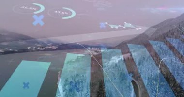 Karlı dağ manzarası ve nehir üzerinde borsa veri animasyonu. Finans, yatırım, doğa, kış, analitik, ekonomi