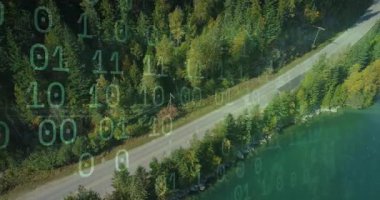 Dijital ikili kod ile orman yolunda araba sürmek animasyonu kapsar. Teknoloji, fütüristik, otomobil, hareket, yenilik, doğa