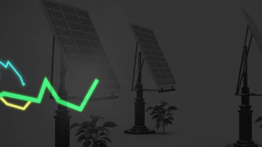 Güneş panelleri ve bitkiler üzerinde karanlık ortamda yeşil çizgi grafik animasyonu. Yenilenebilir enerji, sürdürülebilir çevre, büyüme, teknoloji