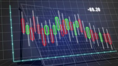 Borsa animasyonu şebeke arka planında dalgalanan kırmızı ve yeşil çizgiler gösteriyor. Maliye, yatırım, ticaret, ekonomi, dengesizlik, yükselme