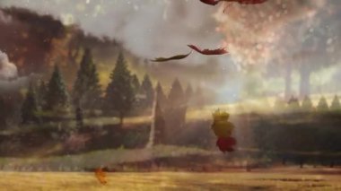 Sonbahar yaprakları güneşli ormanın üzerine düşüyor ve arka planda ağaçlar canlanıyor. Yeşillik, doğa, güneş ışığı