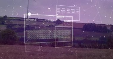 Sayısal veriler ve ağ bağlantıları kırsal bölgelerdeki rüzgar türbinleri üzerindeki animasyonlar. Sürdürülebilirlik, yenilenebilirlik, enerji, teknoloji, çevre, güç