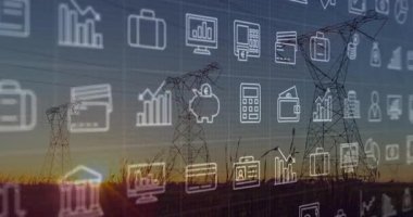 Gün batımında, güç hatlarını kaplayan finansal ve iş simgelerinin animasyonu. Finans, elektrik, enerji, ekonomi, teknoloji, sürdürülebilirlik
