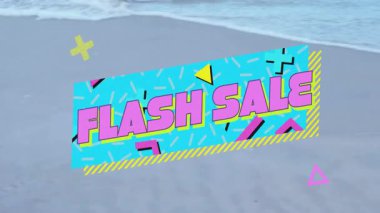 Renkli geometrik desenler, okyanus dalgaları üzerinde flash satış metinleri için animasyonlar. Tasarım, canlı, soyut, dijital, promosyon, reklam