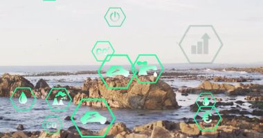 Çevresel ikonlar ve veri işleme animasyonu kayalık kıyı manzarası üzerinde. Sürdürülebilirlik, teknoloji, doğa, koruma, yenilik, ekoloji