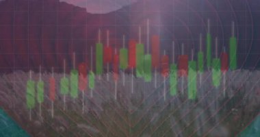 Uzun çimenler üzerinde borsa şamdan şeması animasyonu. Finans, yatırım, ekonomi, büyüme, doğa, teknoloji