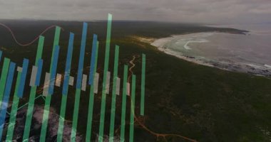 Renkli veri grafiklerinin animasyonu kıyı ormanı manzarasının havadan görünüşünü örtüyor. analitik, bilgi, ortam, görselleştirme, teknoloji